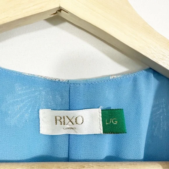 RIXO London Indra Long Bell Sleeve Metallic Print Midi Maxi Dress in Blue - Picture 11 of 14